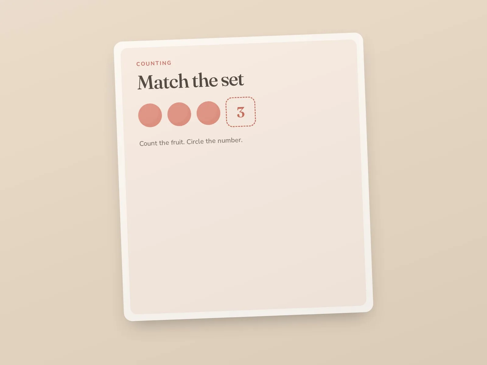 Counting worksheet with fruit sets and a matching number