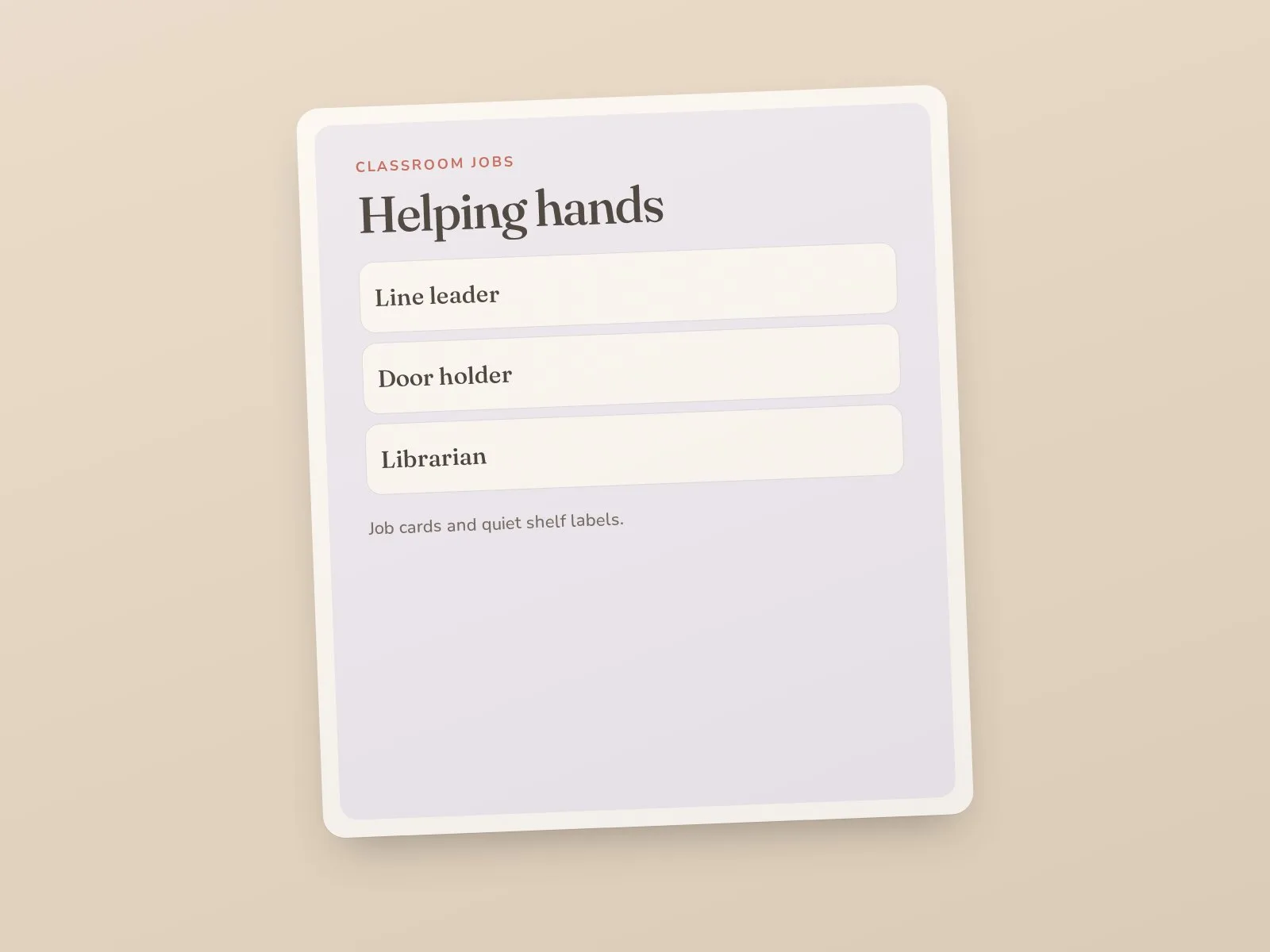 Classroom job cards and labels in peach and cream