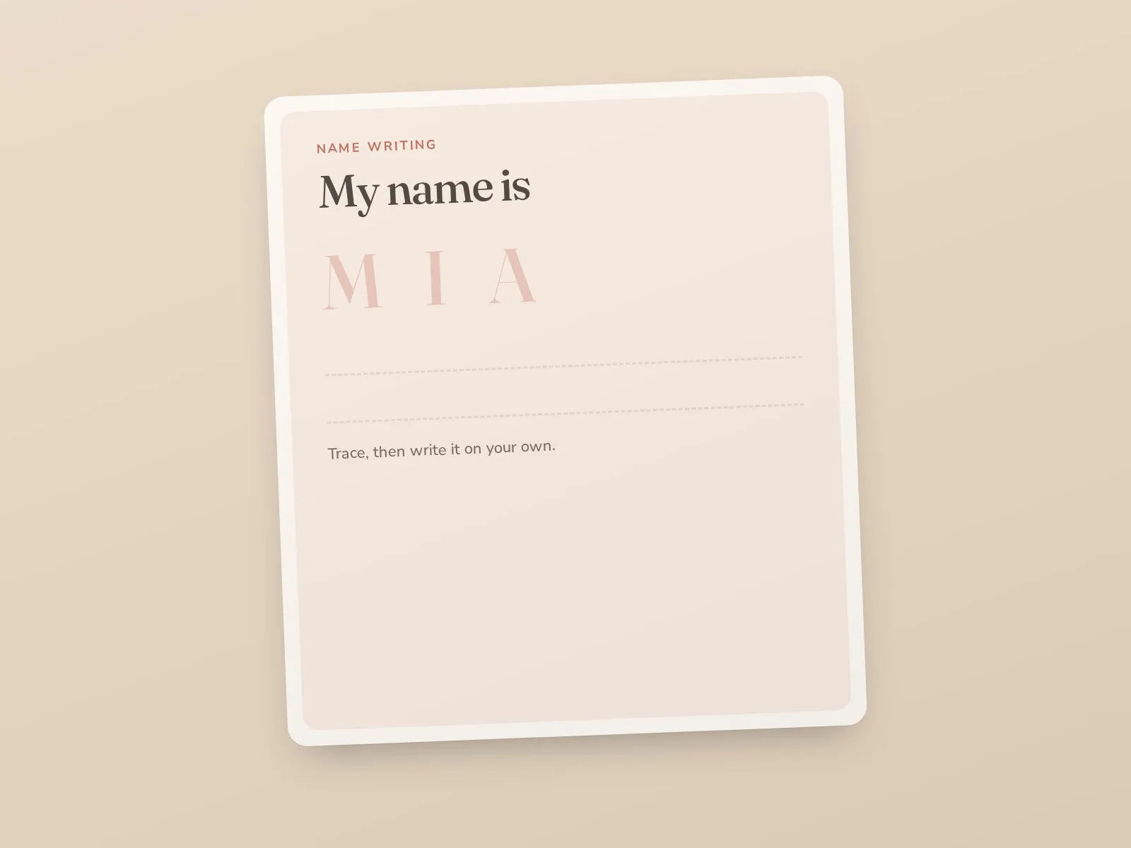 Name writing practice page with dotted letters on cream paper