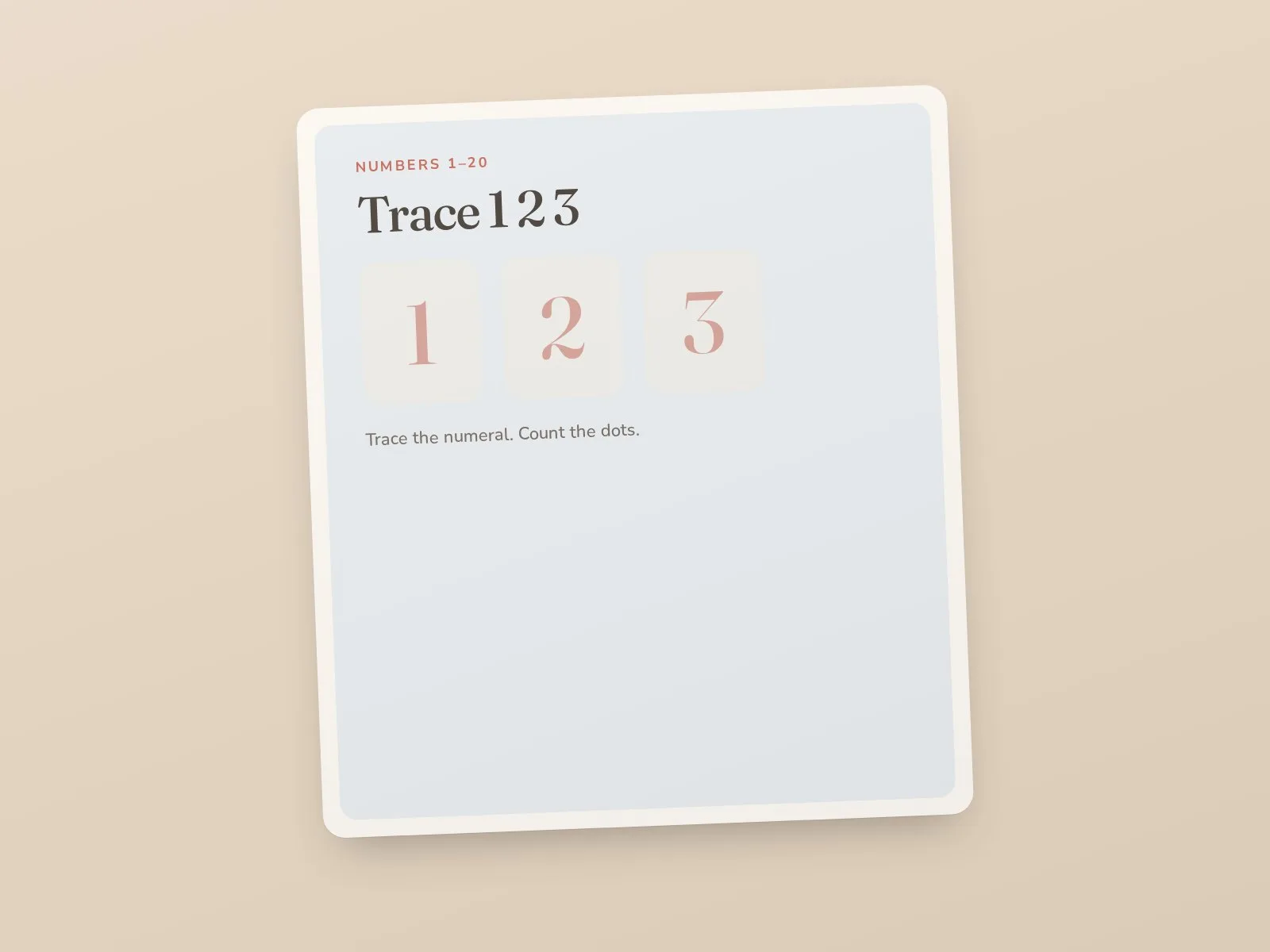 Number tracing worksheet with dotted numerals 1, 2, and 3